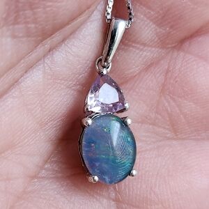 VTG 925 Italy Natural Opal & Amethyst Pendant Lavender Blue Pendant Necklace